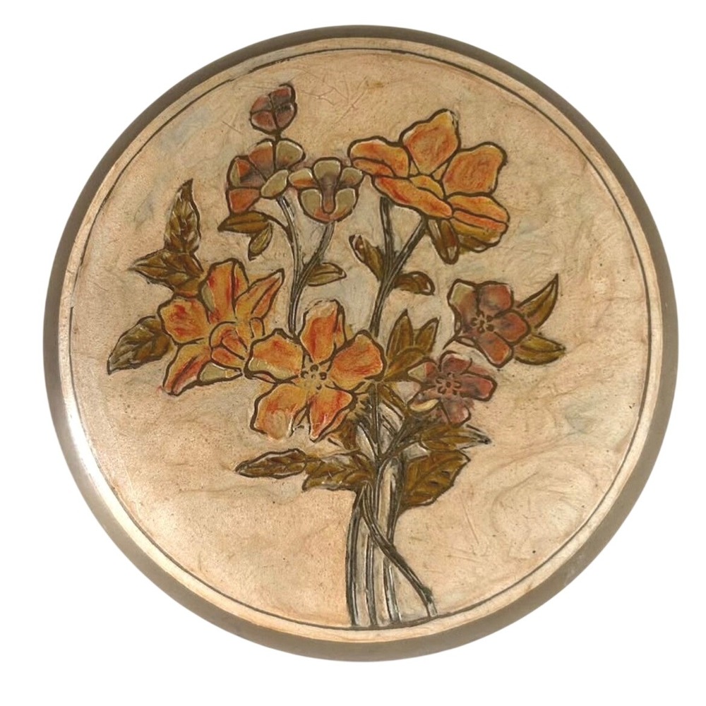 Vintage Brass 5"Trinket Box Cloisonne Enamel Floral Lid Round Jewelry Bowl